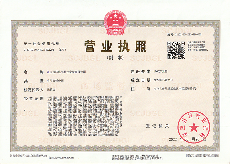 江蘇寶澤電氣科技發(fā)展有限公司營業(yè)執(zhí)照