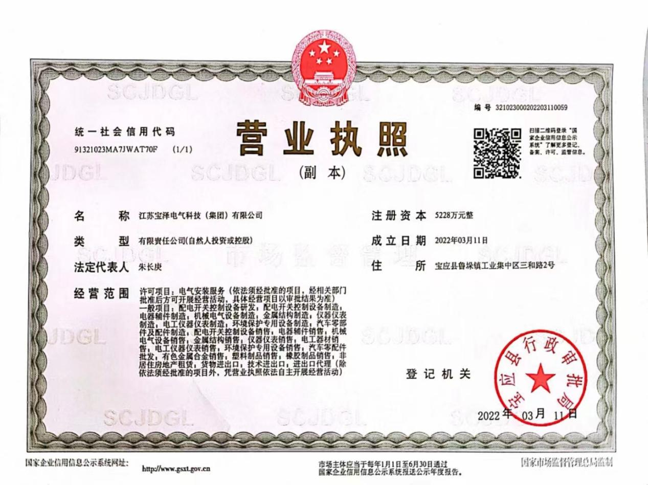 江蘇寶澤電氣科技（集團(tuán)）有限公司營業(yè)執(zhí)照